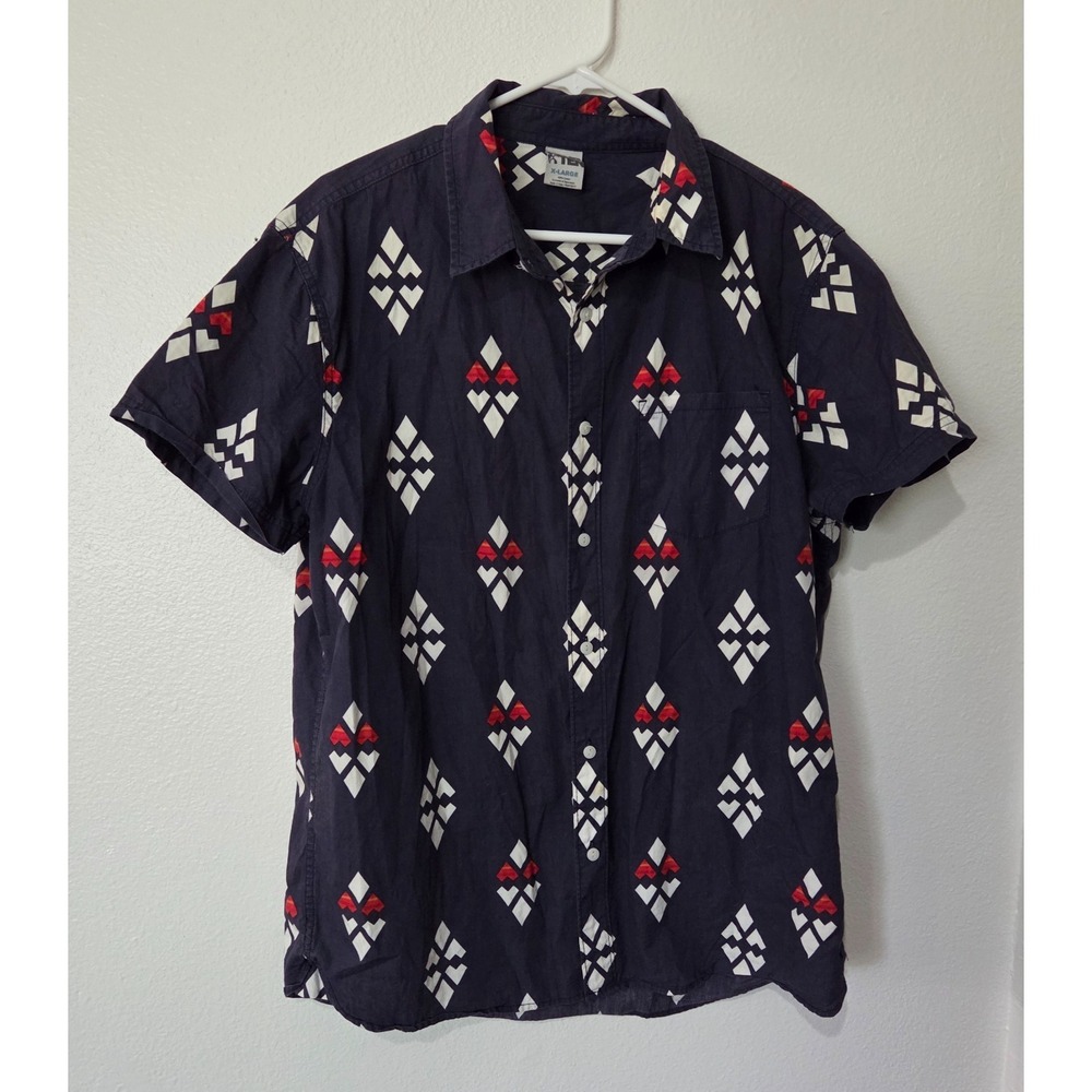 Hang Ten‎ Mens Navy Blue Button Short Sleeve Geometric Pattern Cotton Shirt XL